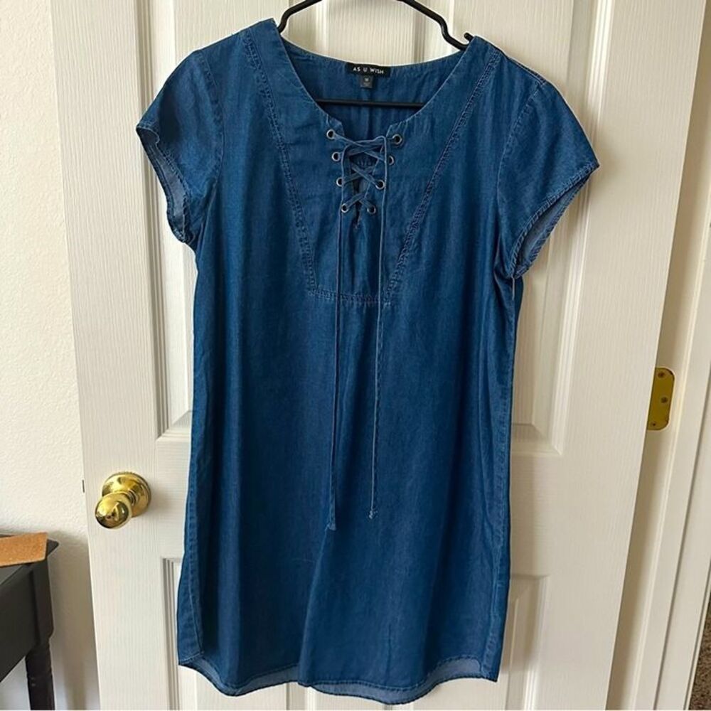 NWOT denim mini dress with lace up detail